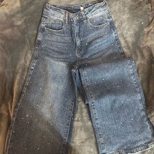 Women’s High-Rise Dark Blue Rhinestone Wide-Leg Jeans